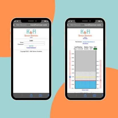 Two phones showing the K&H sign-in page and the live tank dashboard